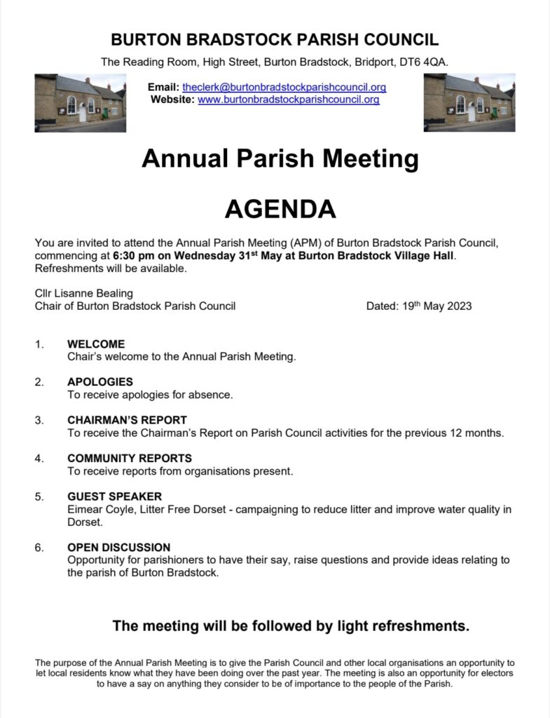 Annual Parish Meeting Wednesday 31st May 2023 Burton Bradstock